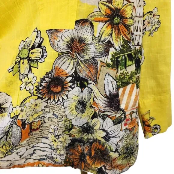 Chico’s Size 1 Medium Yellow Floral 100% Cotton Hoodie Roll Tab Sleeves Pockets - Picture 8 of 14